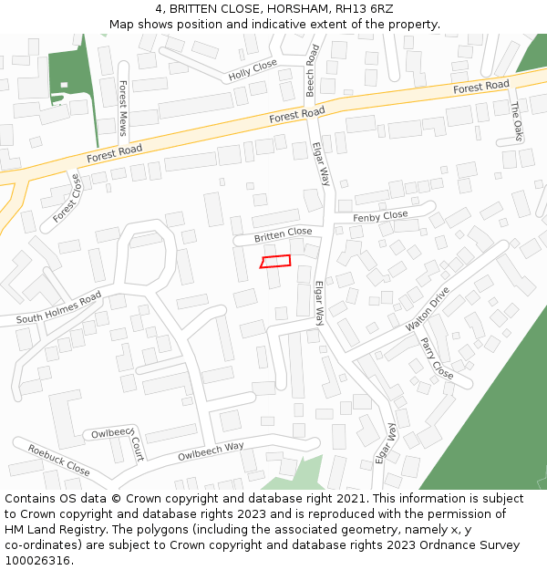 4, BRITTEN CLOSE, HORSHAM, RH13 6RZ: Location map and indicative extent of plot