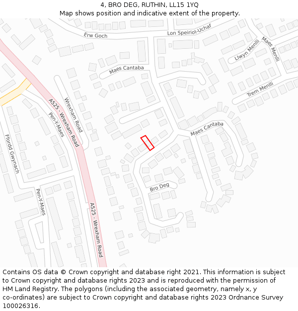 4, BRO DEG, RUTHIN, LL15 1YQ: Location map and indicative extent of plot