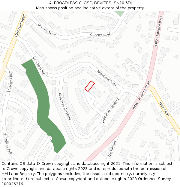4, BROADLEAS CLOSE, DEVIZES, SN10 5DJ: Location map and indicative extent of plot