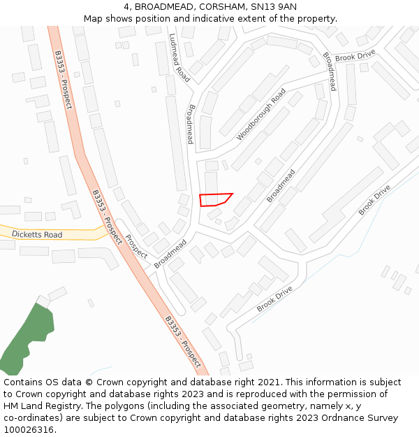 4, BROADMEAD, CORSHAM, SN13 9AN: Location map and indicative extent of plot