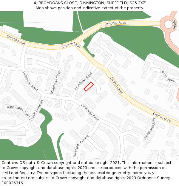 4, BROADOAKS CLOSE, DINNINGTON, SHEFFIELD, S25 2XZ: Location map and indicative extent of plot