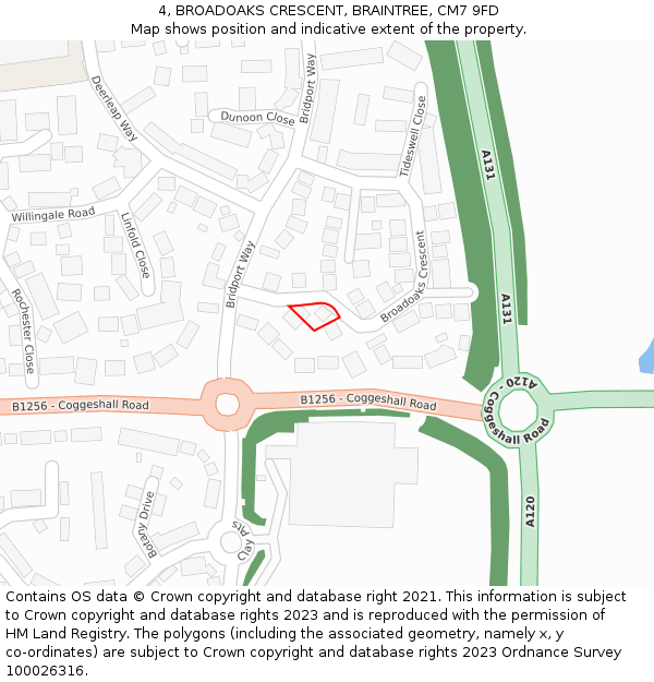 4, BROADOAKS CRESCENT, BRAINTREE, CM7 9FD: Location map and indicative extent of plot