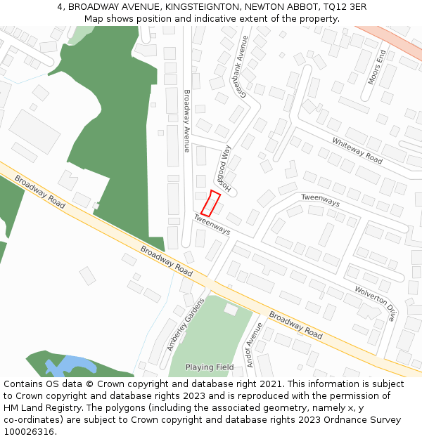 4, BROADWAY AVENUE, KINGSTEIGNTON, NEWTON ABBOT, TQ12 3ER: Location map and indicative extent of plot