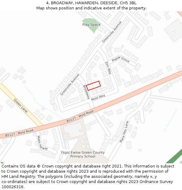 4, BROADWAY, HAWARDEN, DEESIDE, CH5 3BL: Location map and indicative extent of plot