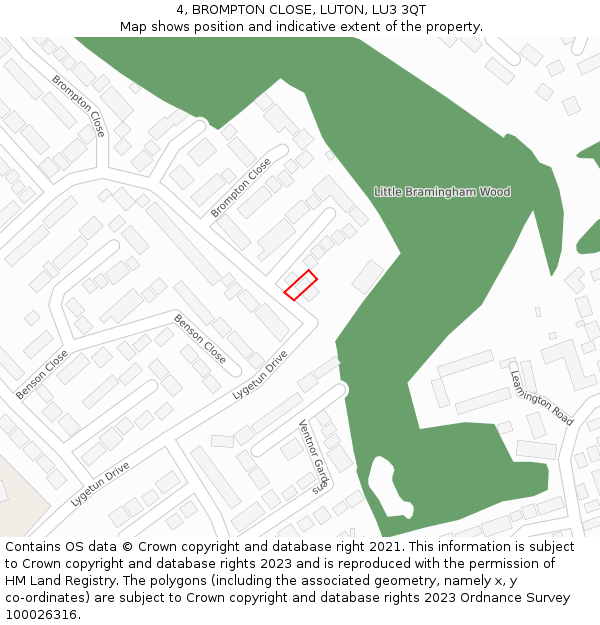 4, BROMPTON CLOSE, LUTON, LU3 3QT: Location map and indicative extent of plot