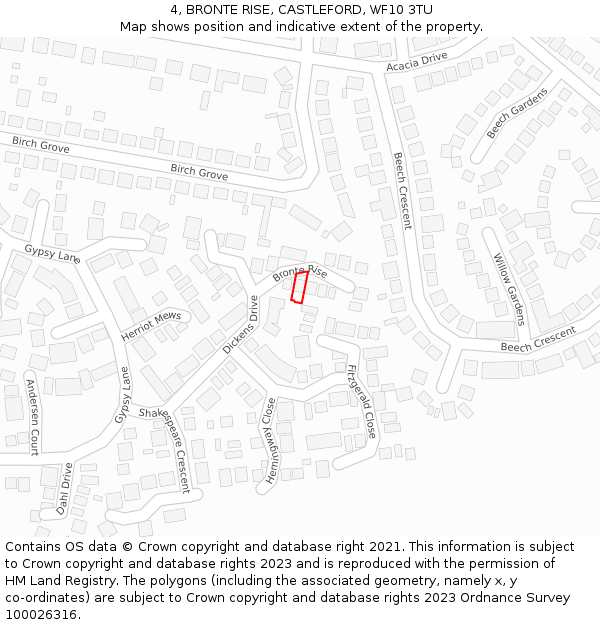 4, BRONTE RISE, CASTLEFORD, WF10 3TU: Location map and indicative extent of plot