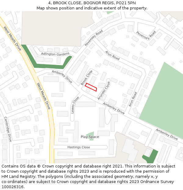 4, BROOK CLOSE, BOGNOR REGIS, PO21 5PN: Location map and indicative extent of plot