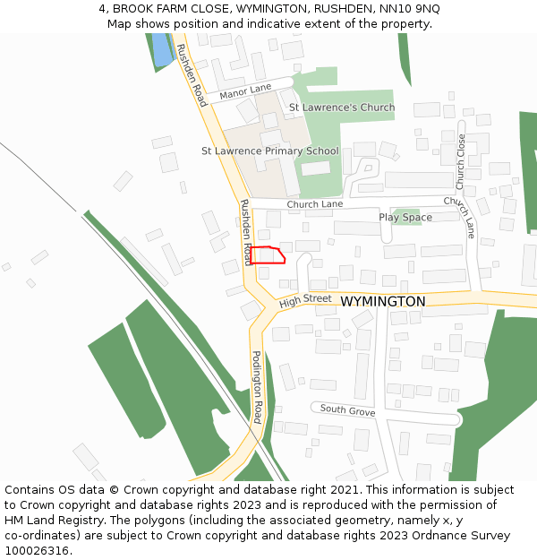 4, BROOK FARM CLOSE, WYMINGTON, RUSHDEN, NN10 9NQ: Location map and indicative extent of plot