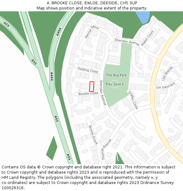 4, BROOKE CLOSE, EWLOE, DEESIDE, CH5 3UP: Location map and indicative extent of plot