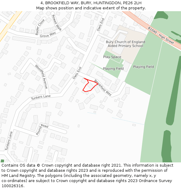 4, BROOKFIELD WAY, BURY, HUNTINGDON, PE26 2LH: Location map and indicative extent of plot