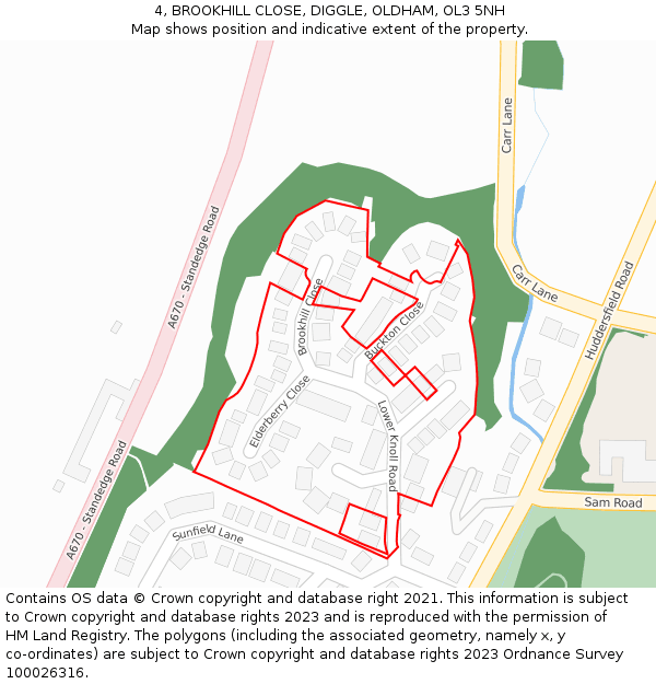 4, BROOKHILL CLOSE, DIGGLE, OLDHAM, OL3 5NH: Location map and indicative extent of plot