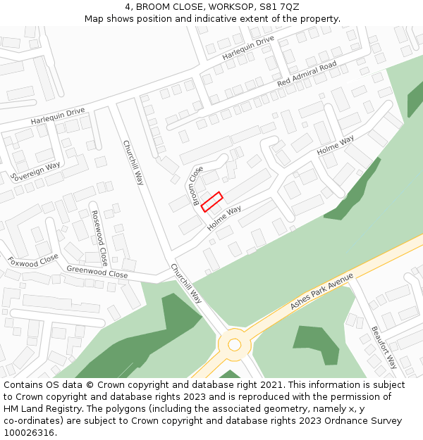 4, BROOM CLOSE, WORKSOP, S81 7QZ: Location map and indicative extent of plot