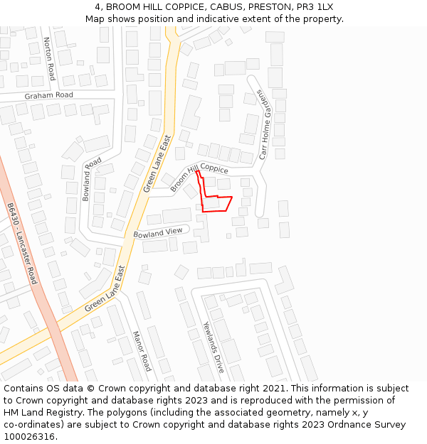 4, BROOM HILL COPPICE, CABUS, PRESTON, PR3 1LX: Location map and indicative extent of plot