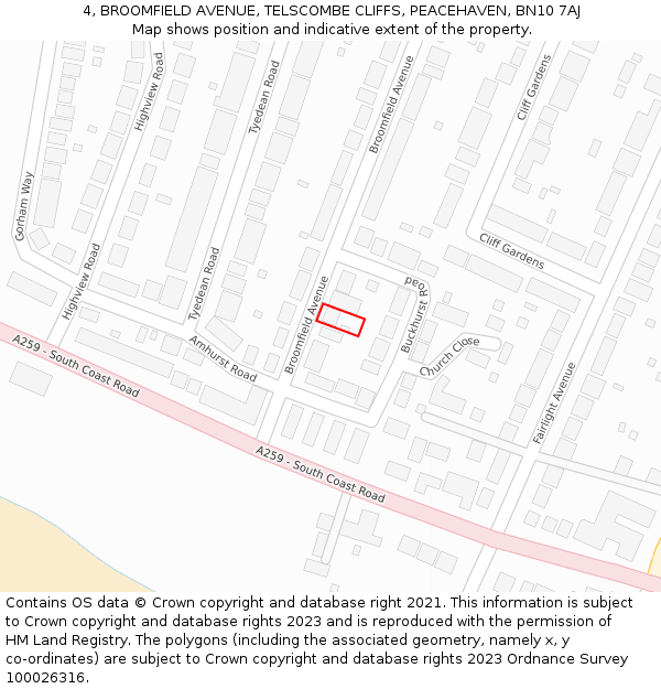 4, BROOMFIELD AVENUE, TELSCOMBE CLIFFS, PEACEHAVEN, BN10 7AJ: Location map and indicative extent of plot