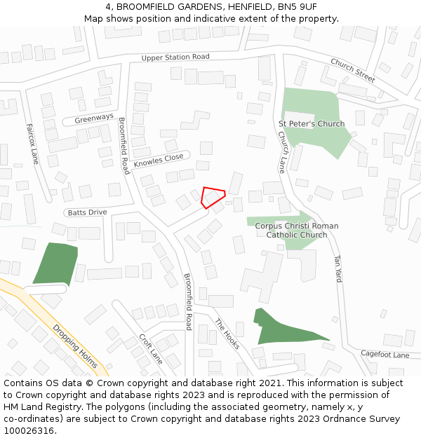 4, BROOMFIELD GARDENS, HENFIELD, BN5 9UF: Location map and indicative extent of plot