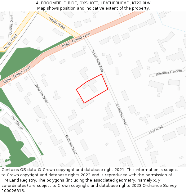 4, BROOMFIELD RIDE, OXSHOTT, LEATHERHEAD, KT22 0LW: Location map and indicative extent of plot