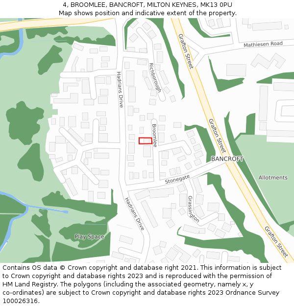 4, BROOMLEE, BANCROFT, MILTON KEYNES, MK13 0PU: Location map and indicative extent of plot