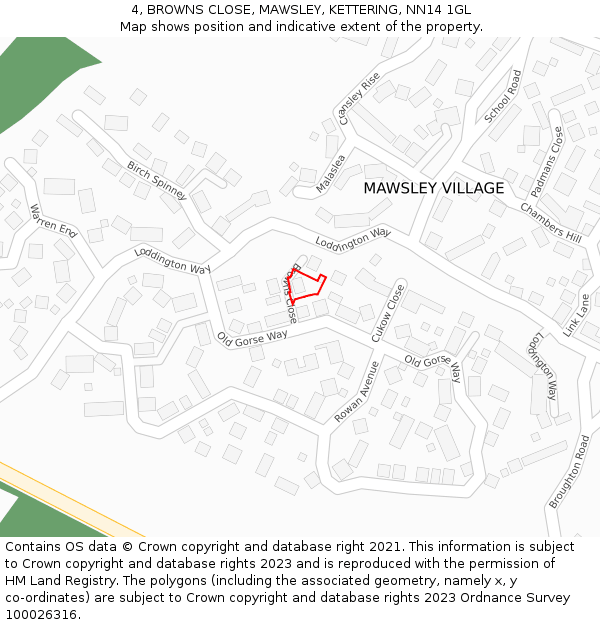 4, BROWNS CLOSE, MAWSLEY, KETTERING, NN14 1GL: Location map and indicative extent of plot