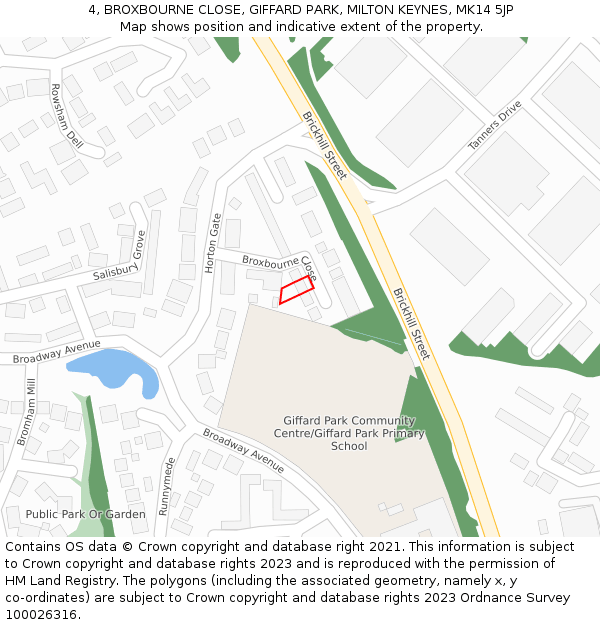 4, BROXBOURNE CLOSE, GIFFARD PARK, MILTON KEYNES, MK14 5JP: Location map and indicative extent of plot