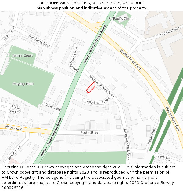 4, BRUNSWICK GARDENS, WEDNESBURY, WS10 9UB: Location map and indicative extent of plot