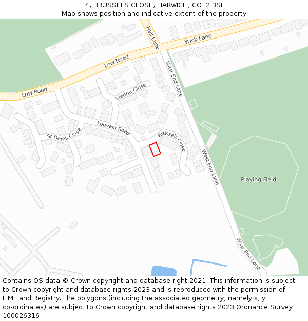 4, BRUSSELS CLOSE, HARWICH, CO12 3SF: Location map and indicative extent of plot