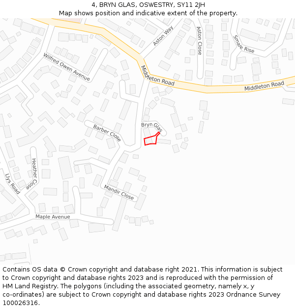 4, BRYN GLAS, OSWESTRY, SY11 2JH: Location map and indicative extent of plot