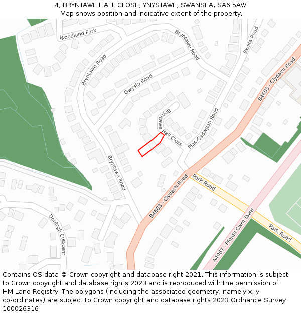 4, BRYNTAWE HALL CLOSE, YNYSTAWE, SWANSEA, SA6 5AW: Location map and indicative extent of plot