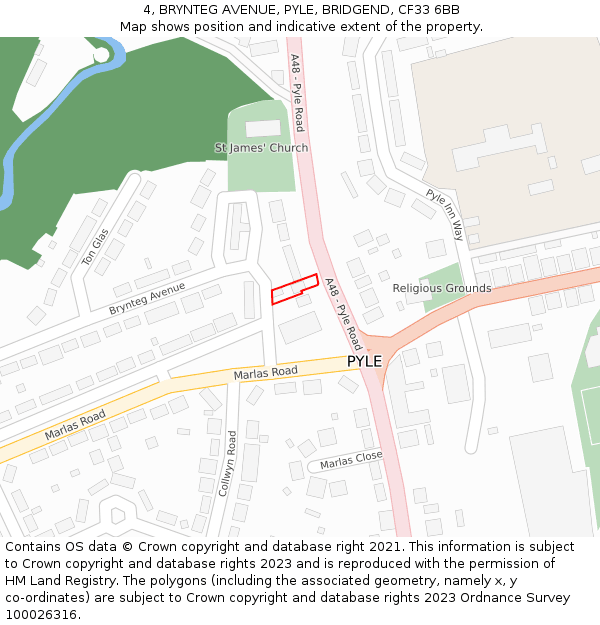 4, BRYNTEG AVENUE, PYLE, BRIDGEND, CF33 6BB: Location map and indicative extent of plot