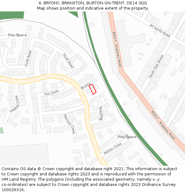 4, BRYONY, BRANSTON, BURTON-ON-TRENT, DE14 3QQ: Location map and indicative extent of plot