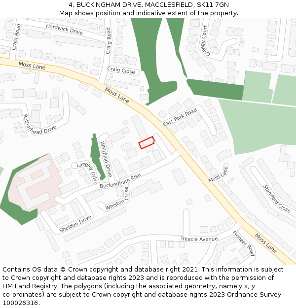 4, BUCKINGHAM DRIVE, MACCLESFIELD, SK11 7GN: Location map and indicative extent of plot