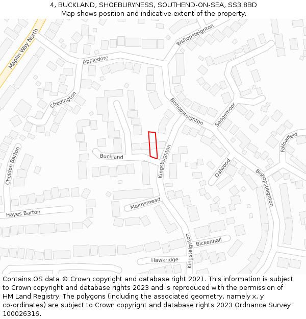 4, BUCKLAND, SHOEBURYNESS, SOUTHEND-ON-SEA, SS3 8BD: Location map and indicative extent of plot