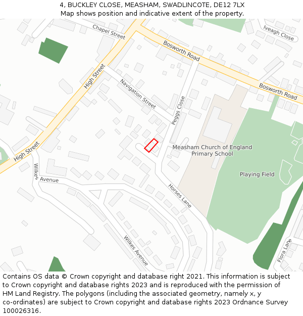 4, BUCKLEY CLOSE, MEASHAM, SWADLINCOTE, DE12 7LX: Location map and indicative extent of plot