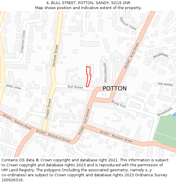 4, BULL STREET, POTTON, SANDY, SG19 2NR: Location map and indicative extent of plot