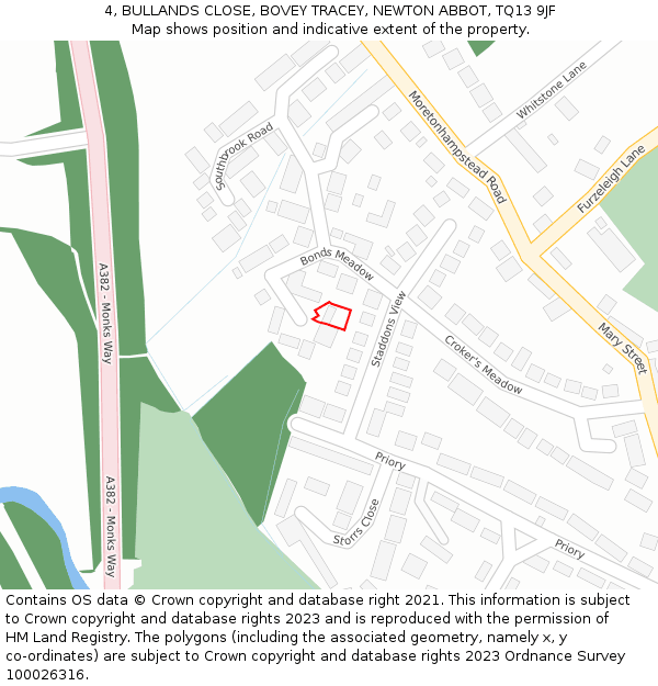 4, BULLANDS CLOSE, BOVEY TRACEY, NEWTON ABBOT, TQ13 9JF: Location map and indicative extent of plot