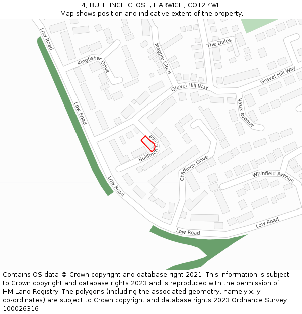 4, BULLFINCH CLOSE, HARWICH, CO12 4WH: Location map and indicative extent of plot