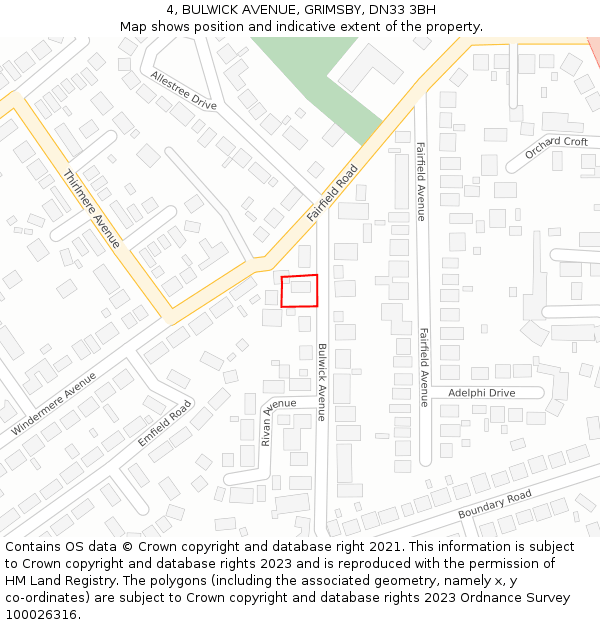 4, BULWICK AVENUE, GRIMSBY, DN33 3BH: Location map and indicative extent of plot