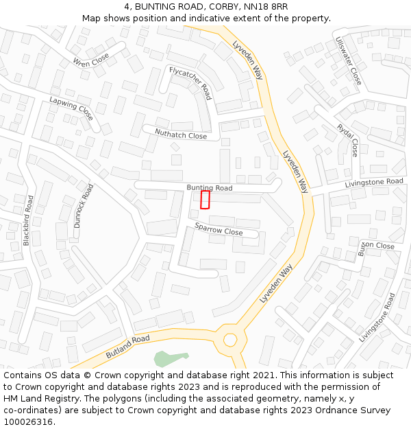 4, BUNTING ROAD, CORBY, NN18 8RR: Location map and indicative extent of plot