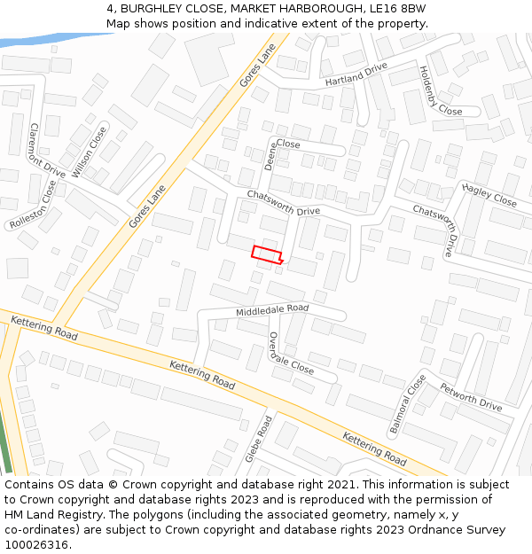4, BURGHLEY CLOSE, MARKET HARBOROUGH, LE16 8BW: Location map and indicative extent of plot