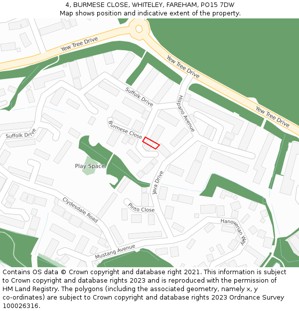 4, BURMESE CLOSE, WHITELEY, FAREHAM, PO15 7DW: Location map and indicative extent of plot