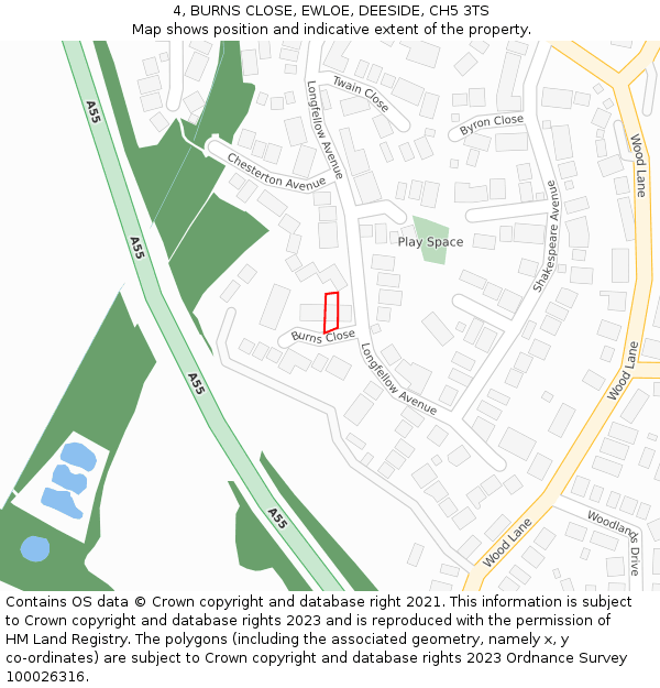 4, BURNS CLOSE, EWLOE, DEESIDE, CH5 3TS: Location map and indicative extent of plot