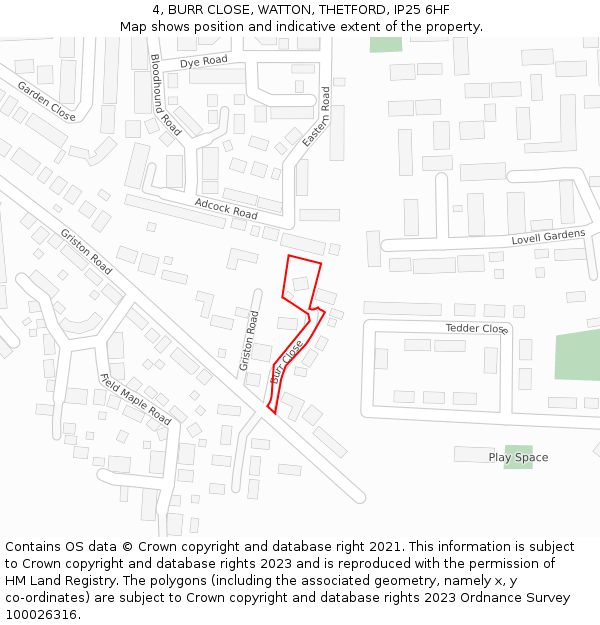 4, BURR CLOSE, WATTON, THETFORD, IP25 6HF: Location map and indicative extent of plot