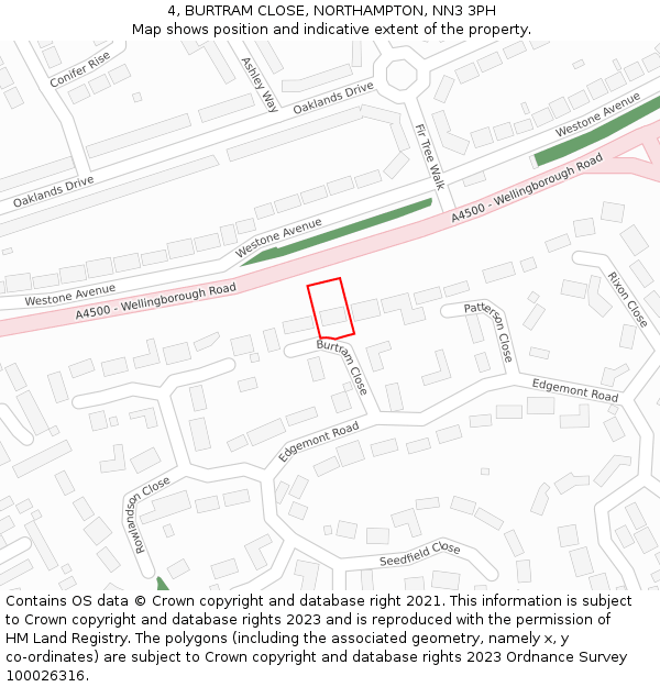 4, BURTRAM CLOSE, NORTHAMPTON, NN3 3PH: Location map and indicative extent of plot