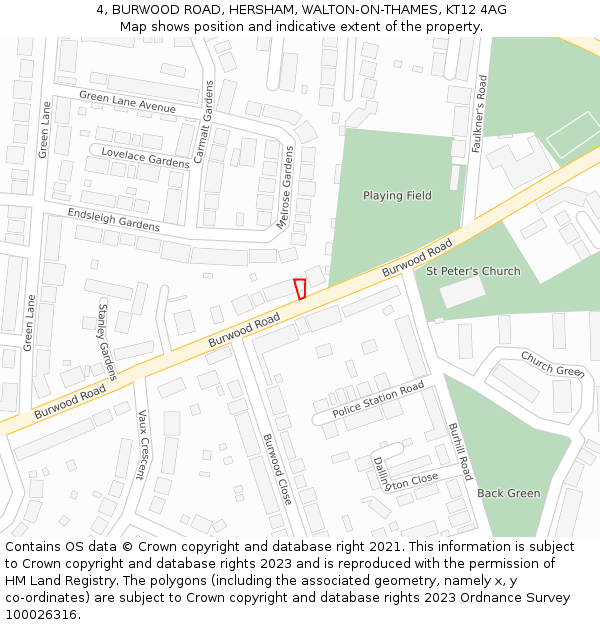 4, BURWOOD ROAD, HERSHAM, WALTON-ON-THAMES, KT12 4AG: Location map and indicative extent of plot