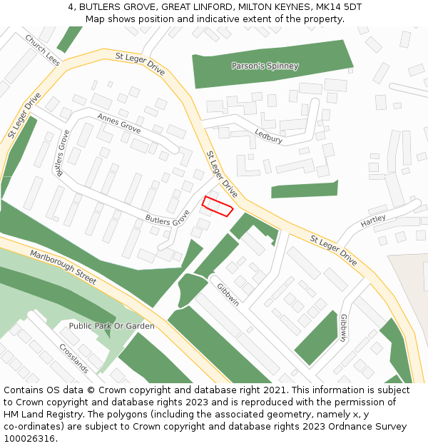 4, BUTLERS GROVE, GREAT LINFORD, MILTON KEYNES, MK14 5DT: Location map and indicative extent of plot