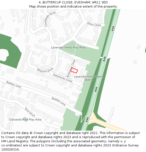 4, BUTTERCUP CLOSE, EVESHAM, WR11 3ED: Location map and indicative extent of plot