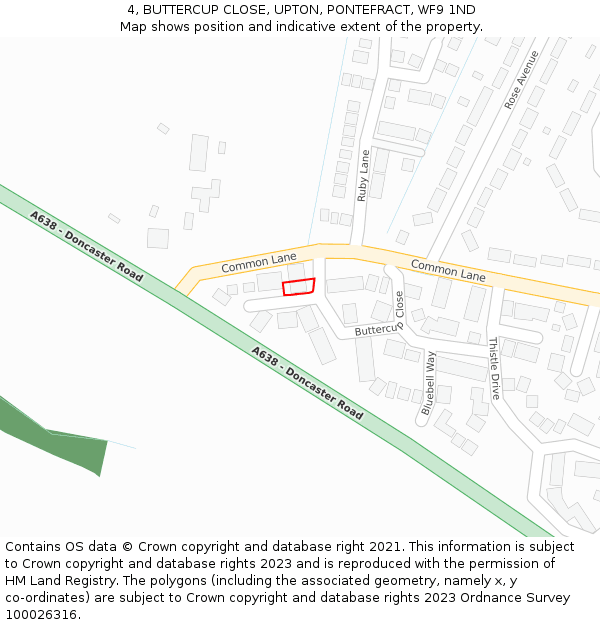 4, BUTTERCUP CLOSE, UPTON, PONTEFRACT, WF9 1ND: Location map and indicative extent of plot