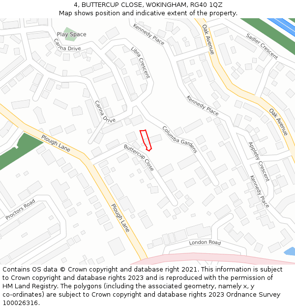 4, BUTTERCUP CLOSE, WOKINGHAM, RG40 1QZ: Location map and indicative extent of plot