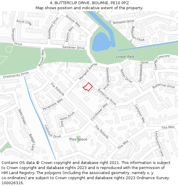 4, BUTTERCUP DRIVE, BOURNE, PE10 0PZ: Location map and indicative extent of plot