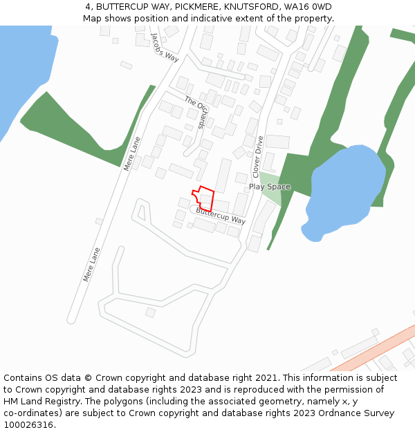 4, BUTTERCUP WAY, PICKMERE, KNUTSFORD, WA16 0WD: Location map and indicative extent of plot