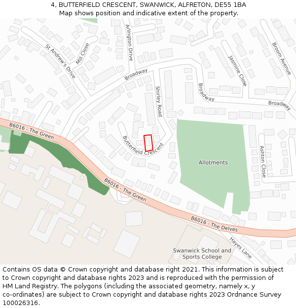 4, BUTTERFIELD CRESCENT, SWANWICK, ALFRETON, DE55 1BA: Location map and indicative extent of plot